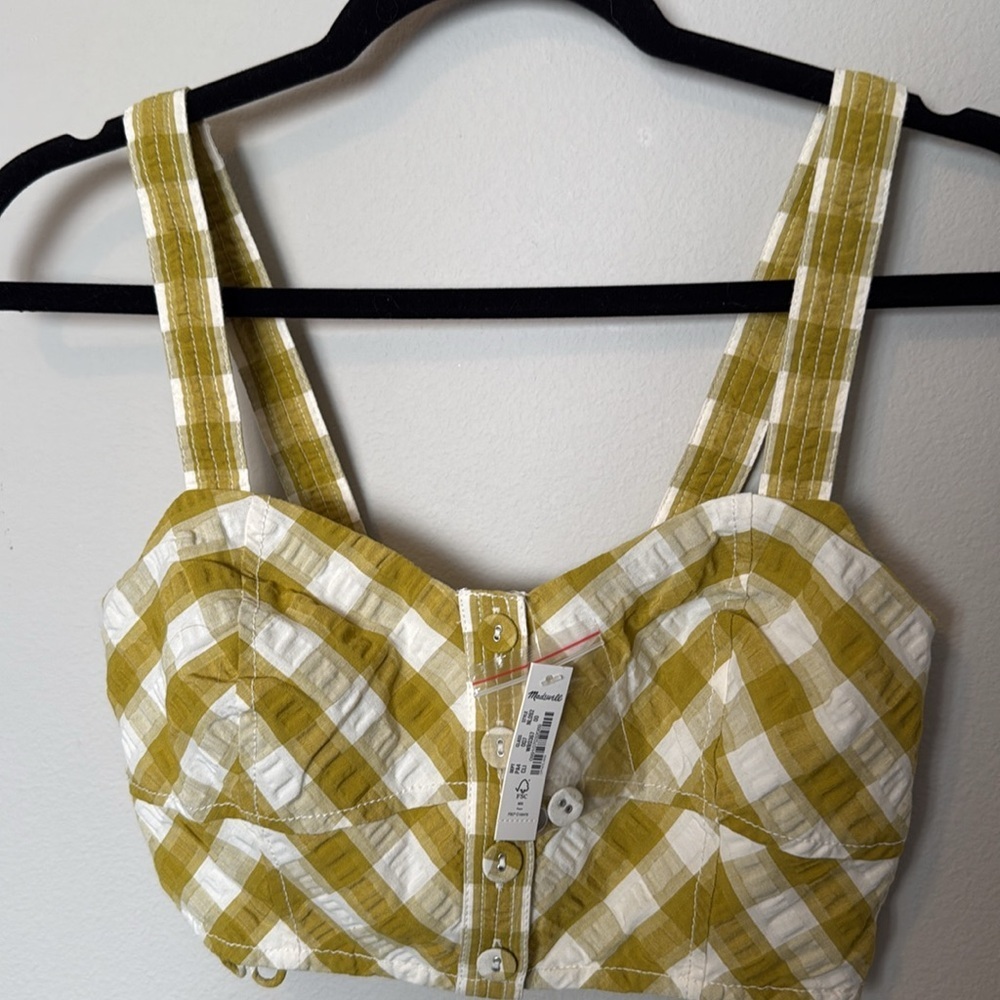 Madewell Checkard Croptop Yellow/White Buttons Sz00 NWT Preppy Classic Statement - Picture 2 of 7